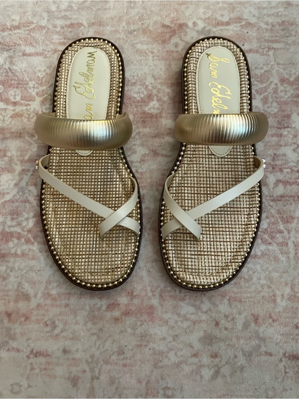 Sam Edelman Gold and Cream Strap Slide Sandals